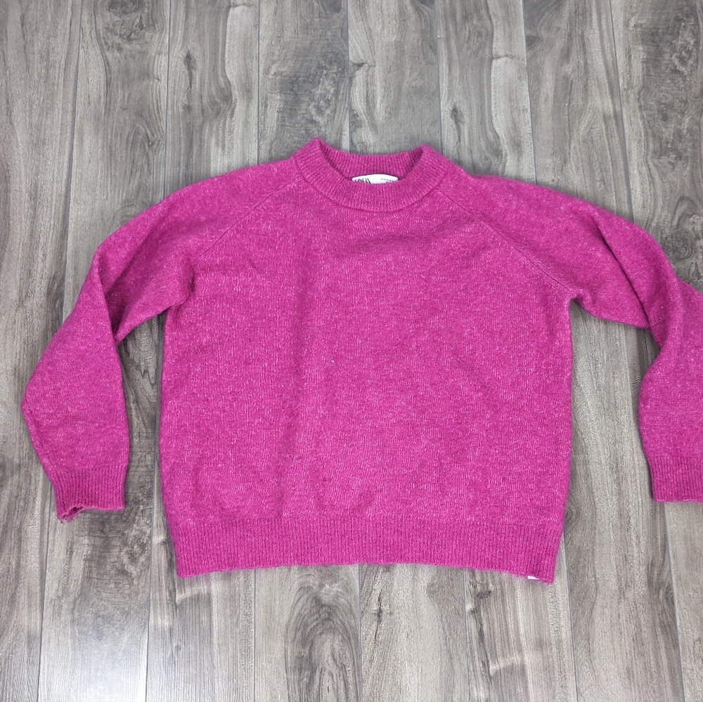 ZARA Alpaca Wool Sweater Crew Neck Minimal Contemporary Preppy Fuchsia Medium